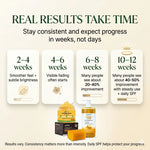 Cosmetic product packaging with text about expected results and consistency on a beige background