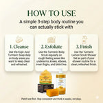 Three-step body care routine guide with products on a beige background