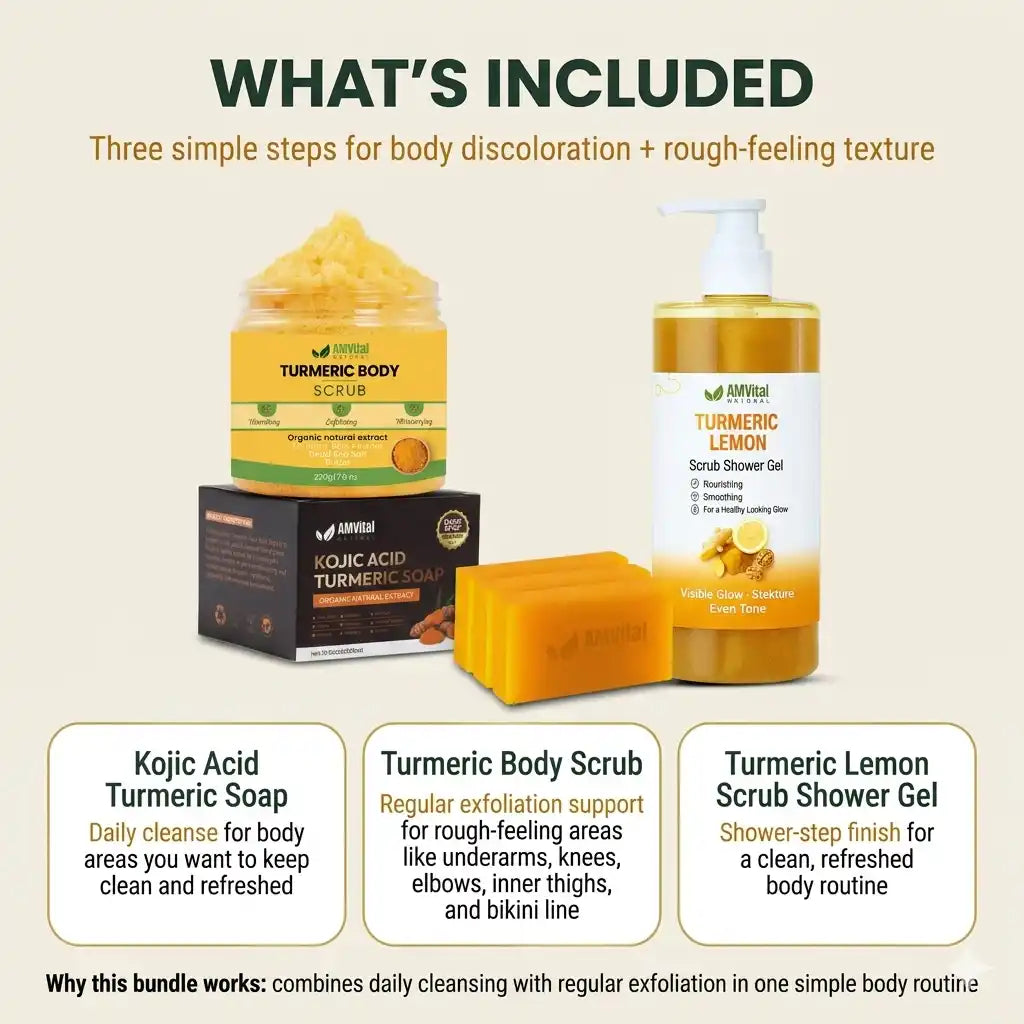 Cosmetic products including a scrub, soap, and shower gel with text on steps for body discolouration and texture.