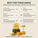 Product packaging with text highlighting uses for underarms, knees, elbows, inner thighs, and bikini line.