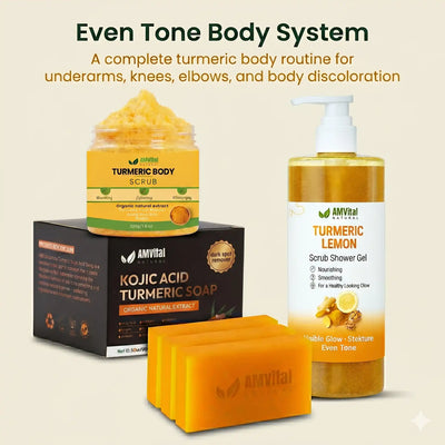 AMVital Even Tone Body System products including scrub, soap, and shower gel on a beige background.