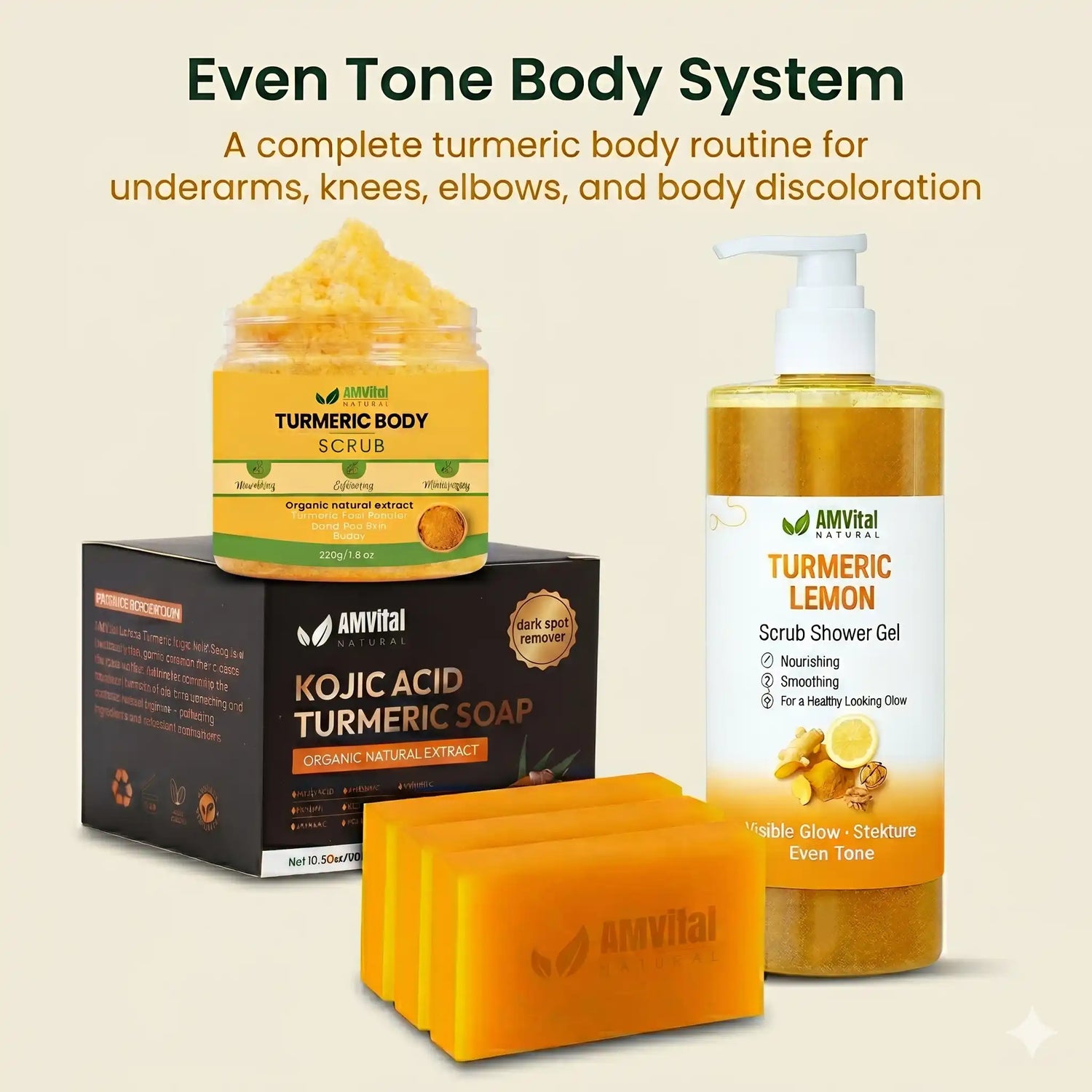 What's included: Turmeric Kojic Acid Soap, Turmeric Body Scrub, and Turmeric Lemon Shower Gel
