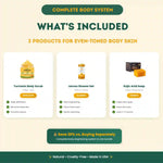 Product bundle for even-toned body skin with Turmeric Body Scrub, Lemon Shower Gel, and Kajal Acid Soap on a beige background.