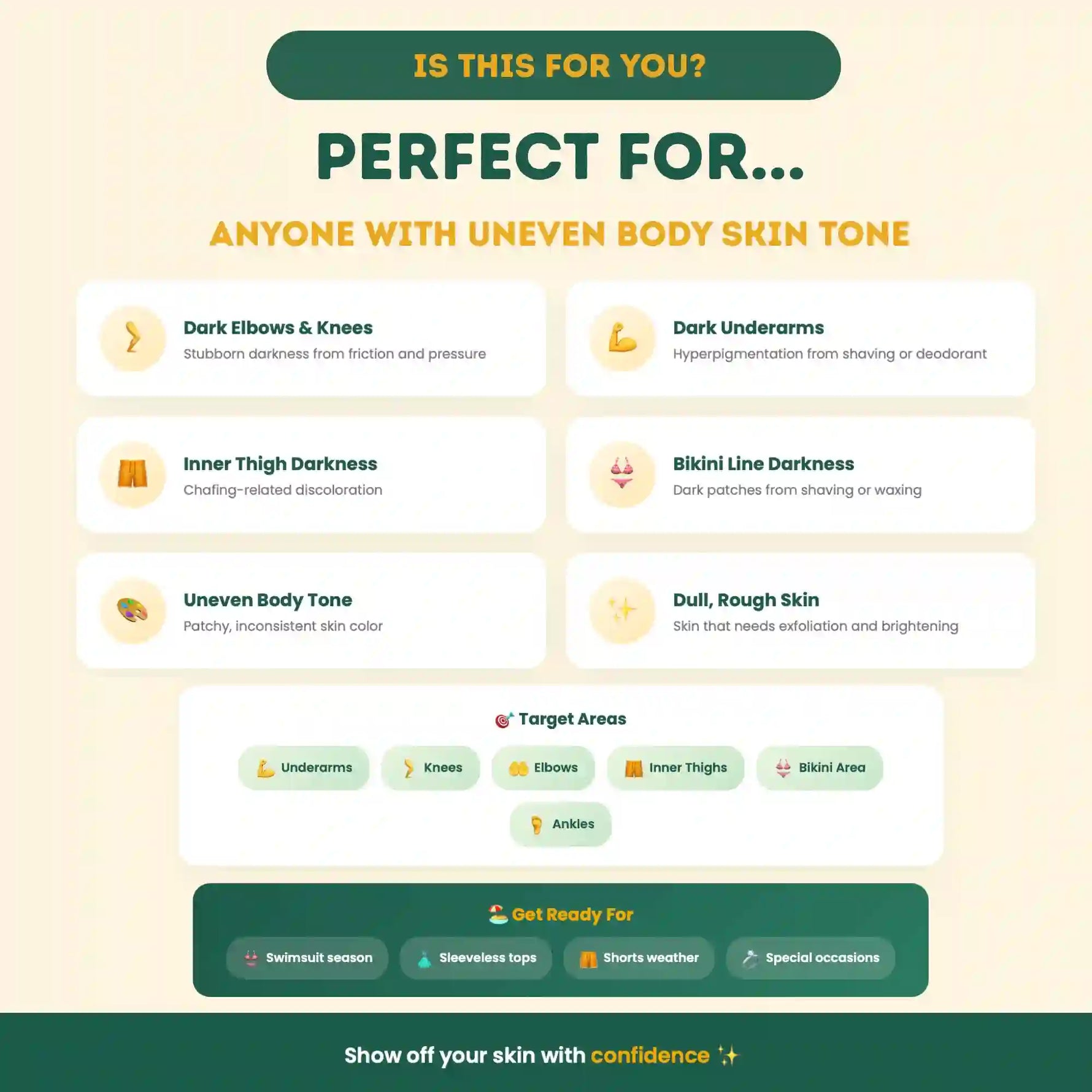 Product feature card for skin concerns with a beige background