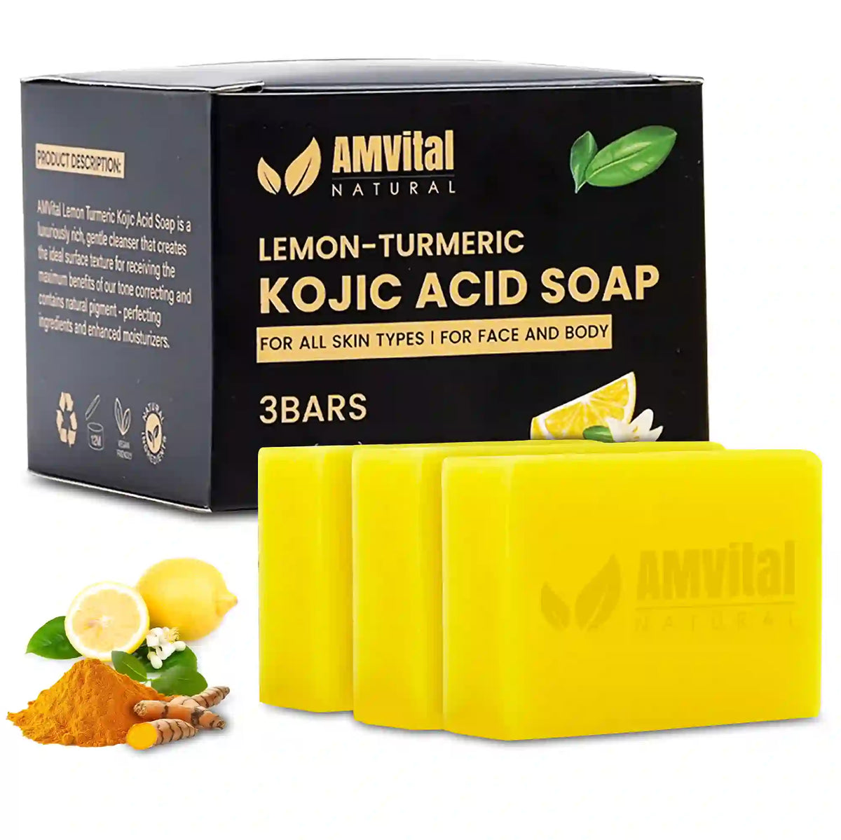 Amvital Lemon-Turmeric Kojic Acid Soap packaging with three yellow soap bars and ingredients on a white background.