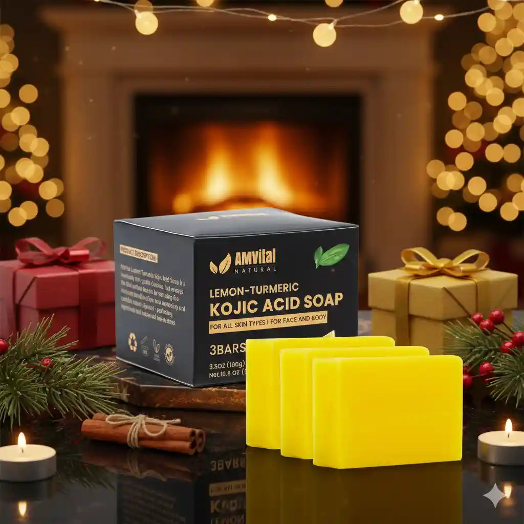 AMVital Lemon-Turmeric Kojic Acid Soap bars with packaging in a festive setting with lights and presents.