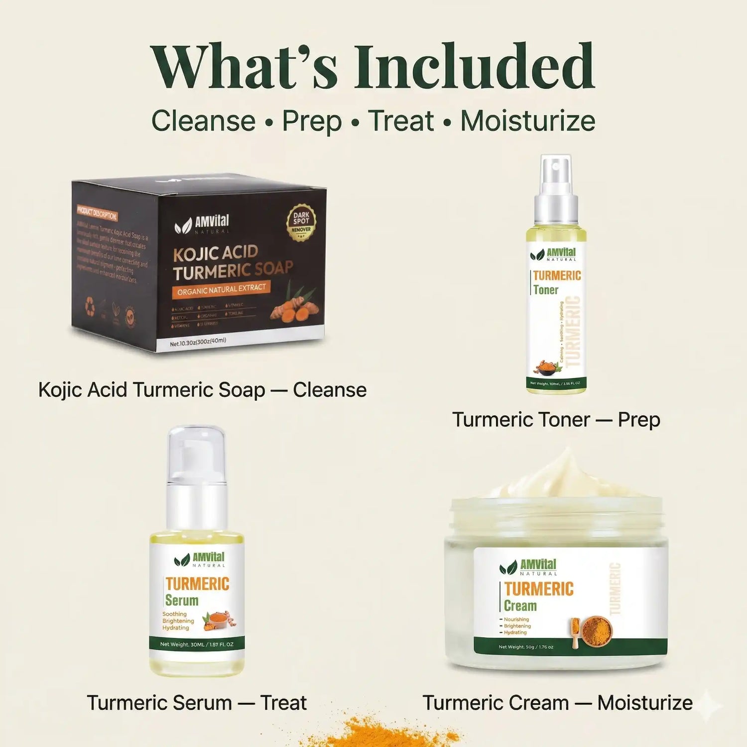 Amvital Kojic Acid Turmeric Soap and skincare products on a beige background