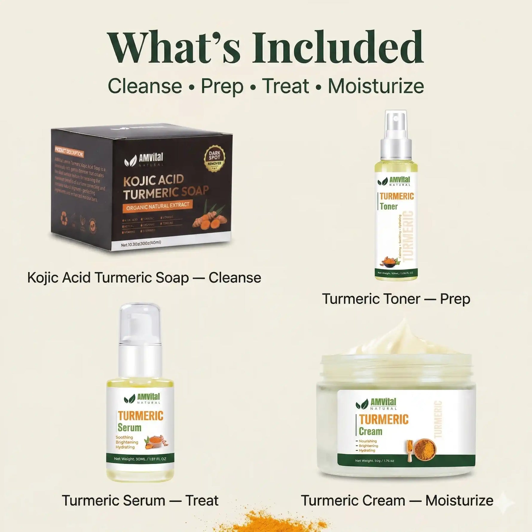 Amvital Kojic Acid Turmeric Soap and skincare products on a beige background