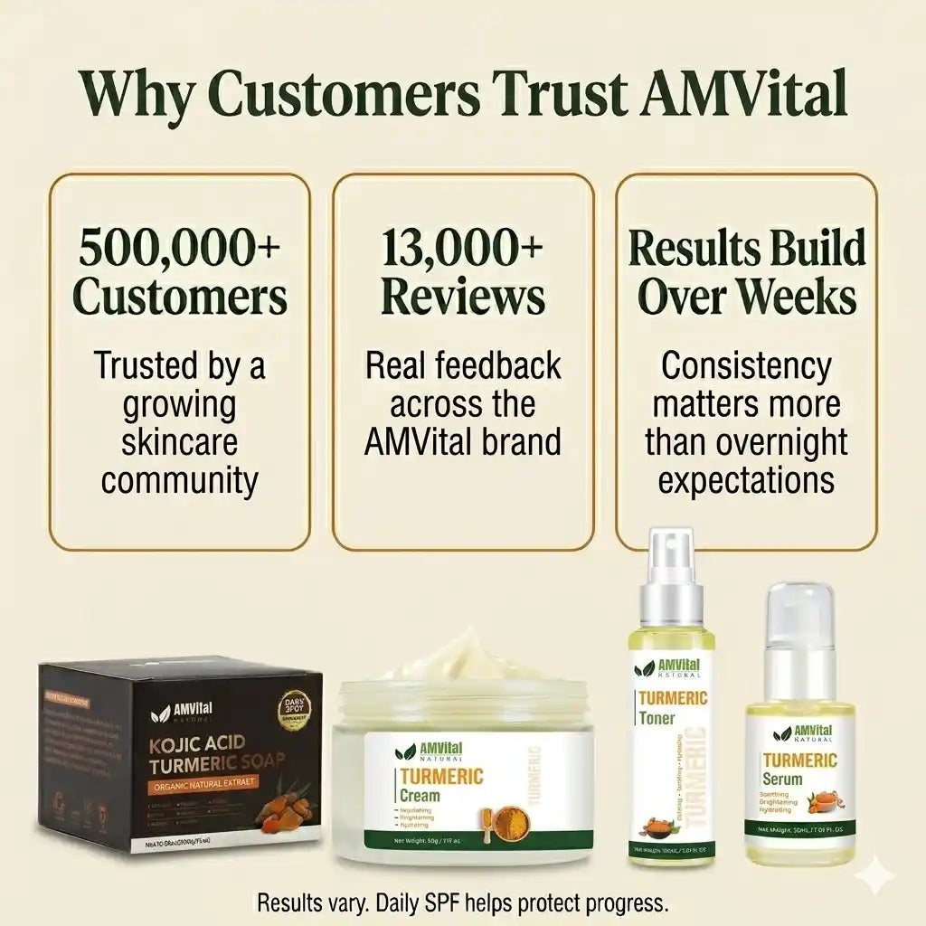 AMVital skincare products with text highlighting customer trust and product features.