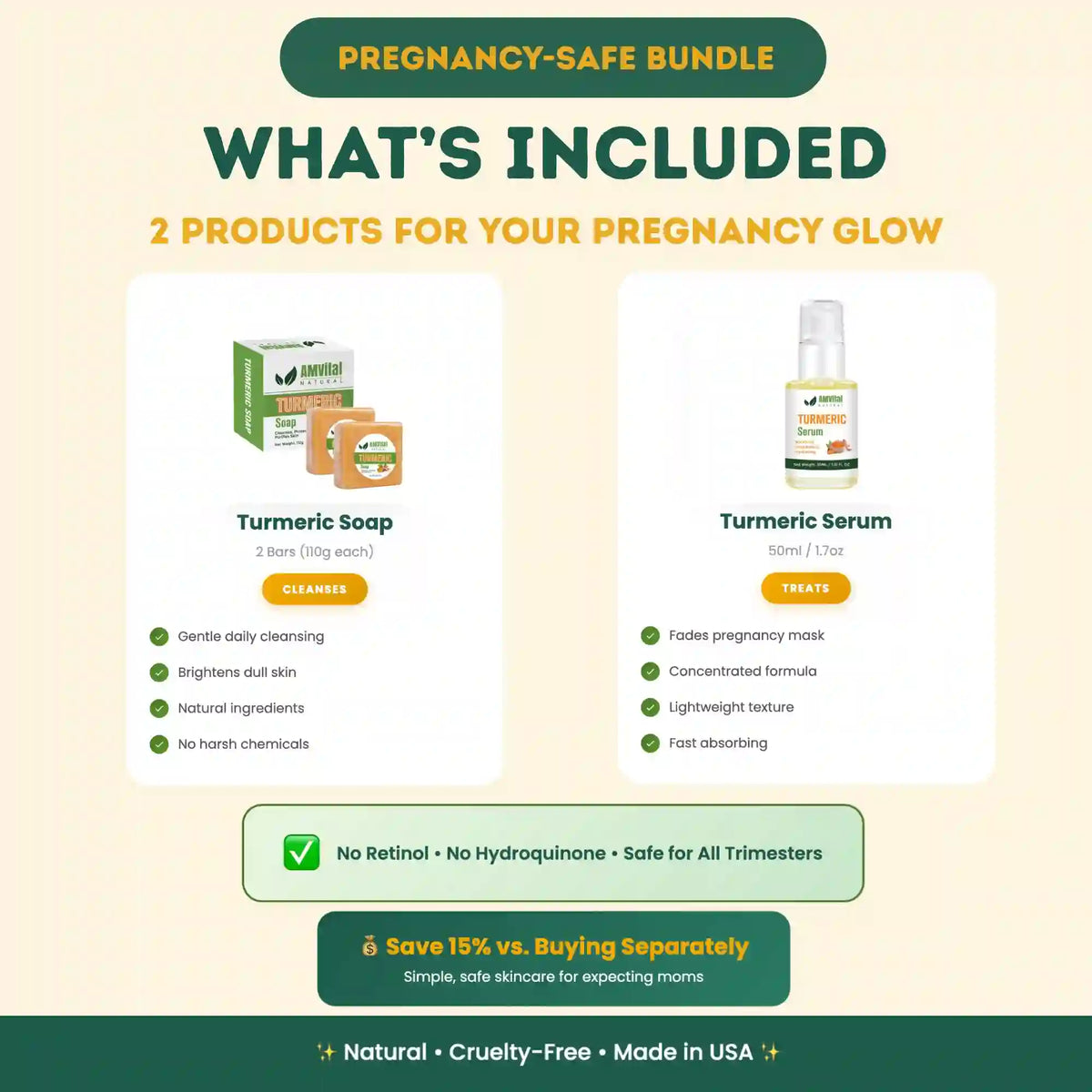 Pregnancy-safe bundle with turmeric soap and serum on a beige background