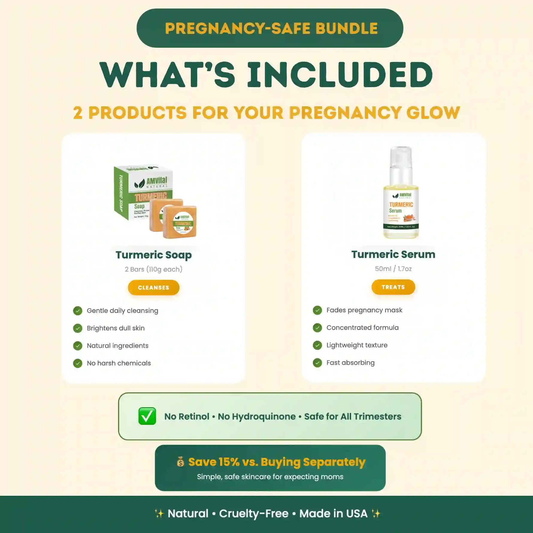 Pregnancy-safe bundle with turmeric soap and serum on a beige background