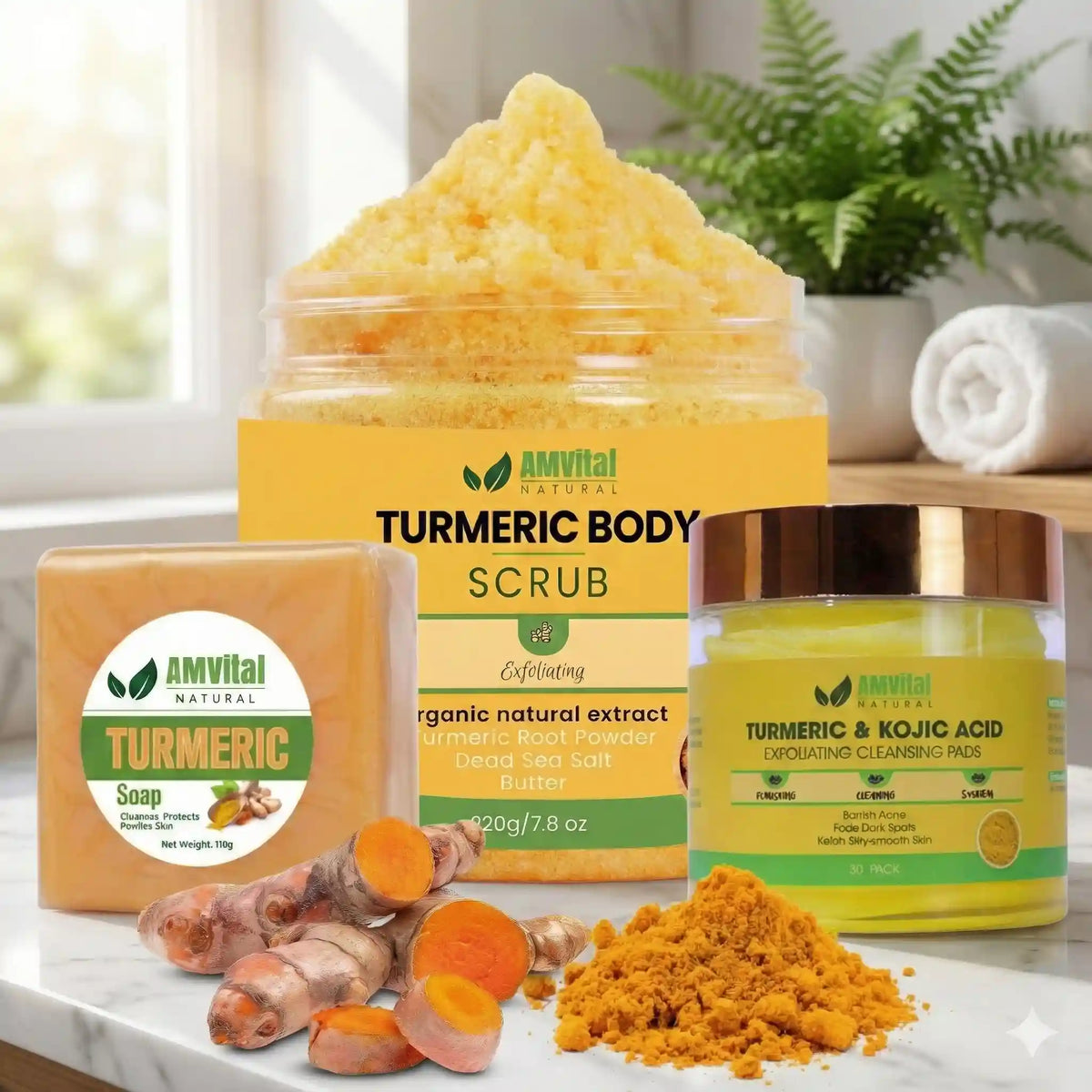 AMVital Turmeric body scrub, soap, and powder on a surface with turmeric roots and a plant in the background.
