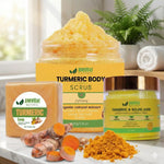 AMVital Turmeric body scrub, soap, and powder on a surface with turmeric roots and a plant in the background.