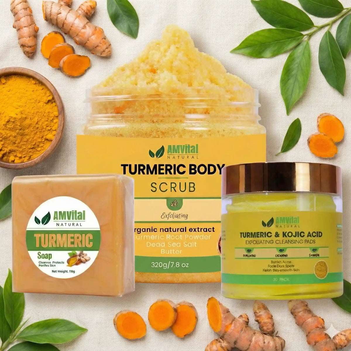 AMVital Turmeric body scrub, soap, and face mask with turmeric roots and powder on a light background.