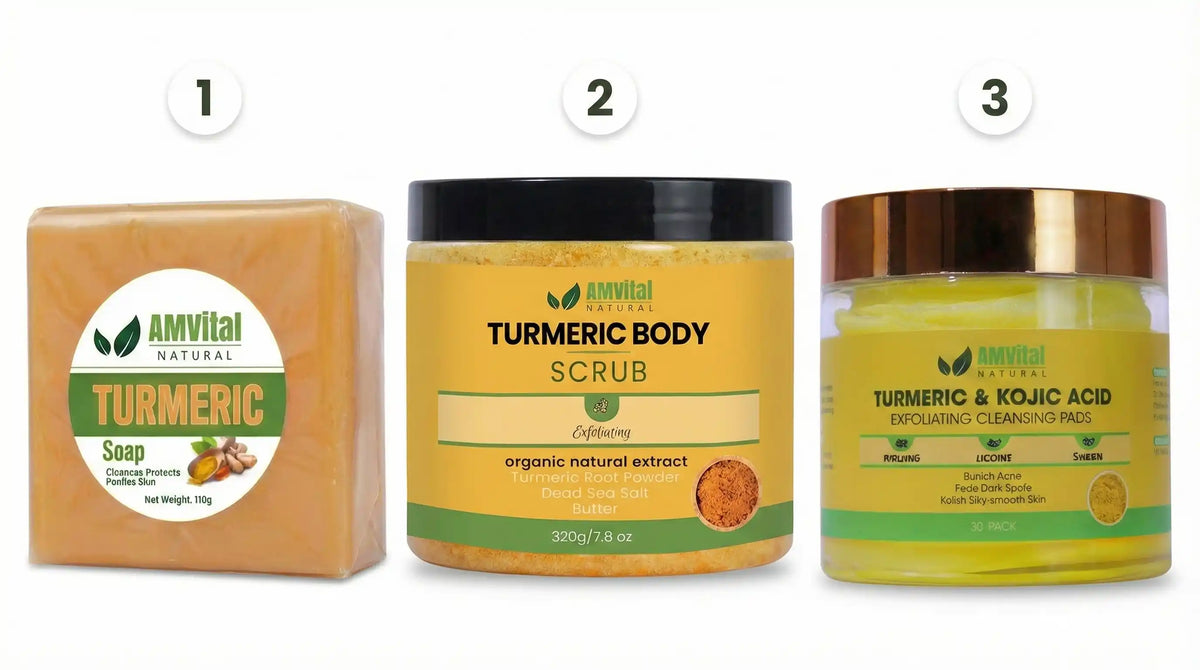 Three AMVital Turmeric skincare products on a white background