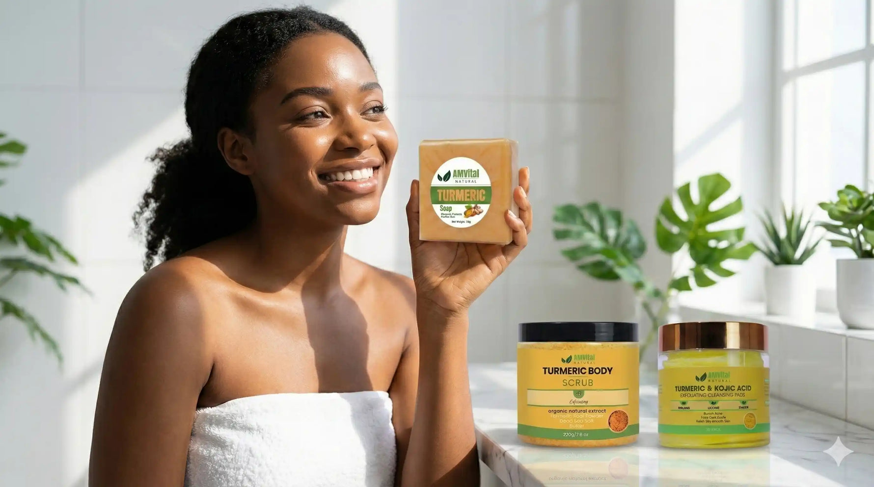 Woman holding a jar of a natural product in a bright bathroom setting with plants.