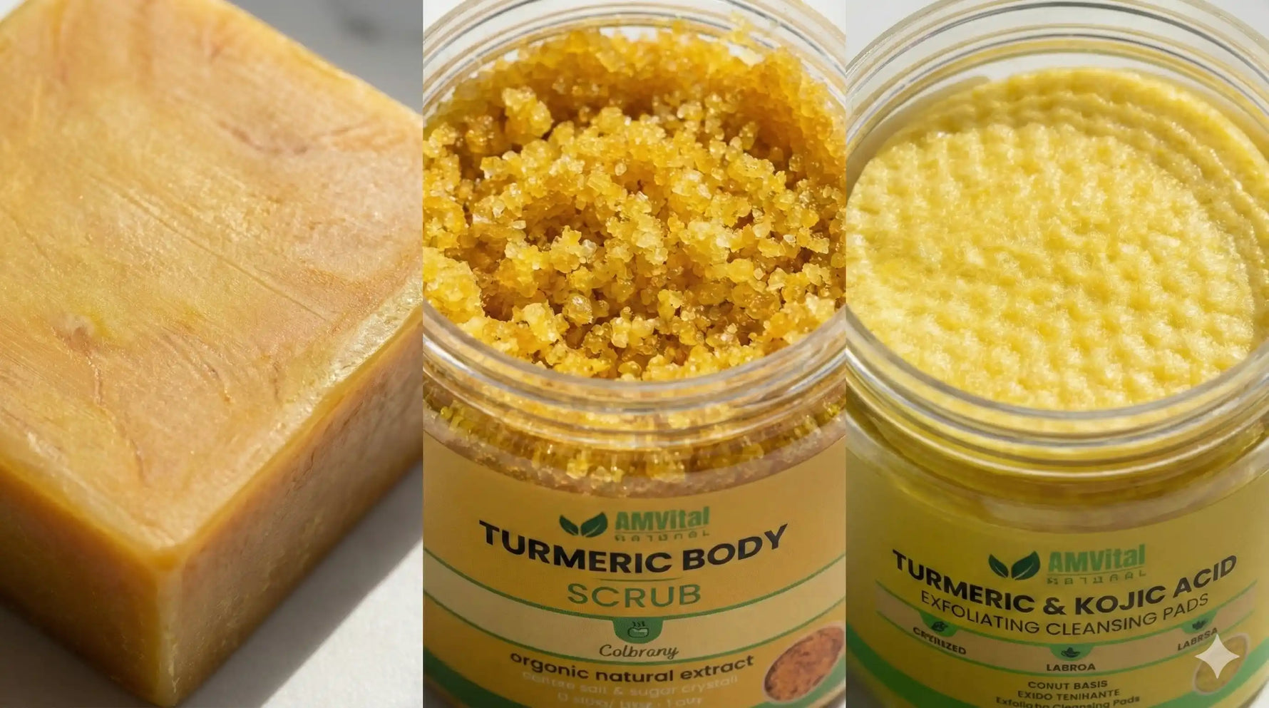 Amvital Turmeric Body Scrub and Soap on a white background