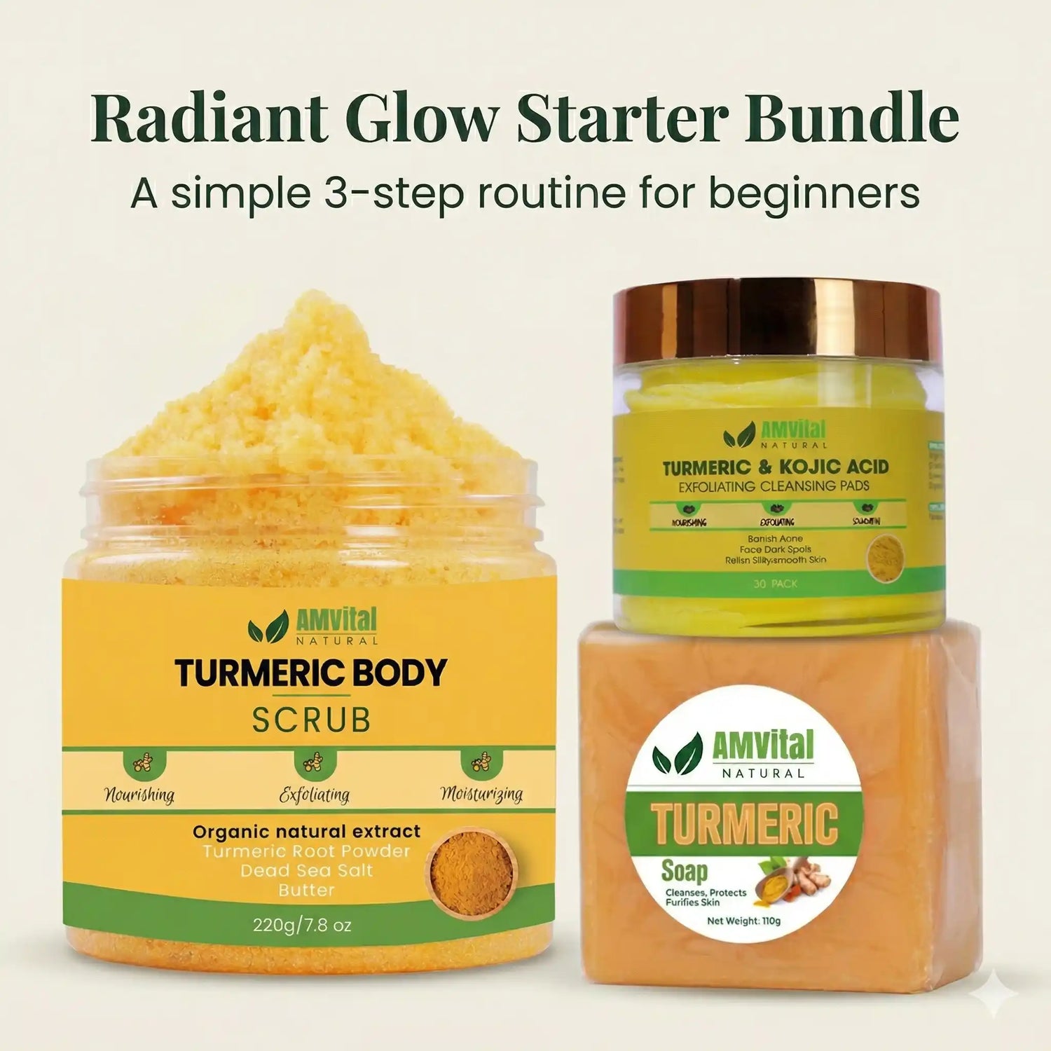 AMVital Turmeric body scrub, cleansing face pack, and soap on a beige background
