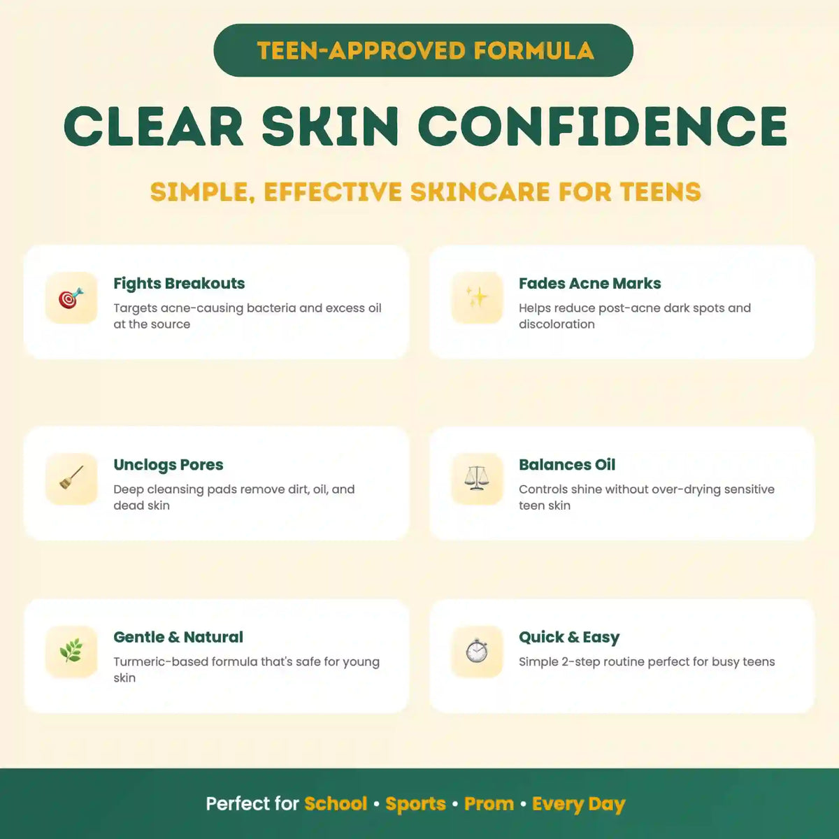 Promotional graphic for 'Clear Skin Confidence' skincare for teens with features and benefits listed.