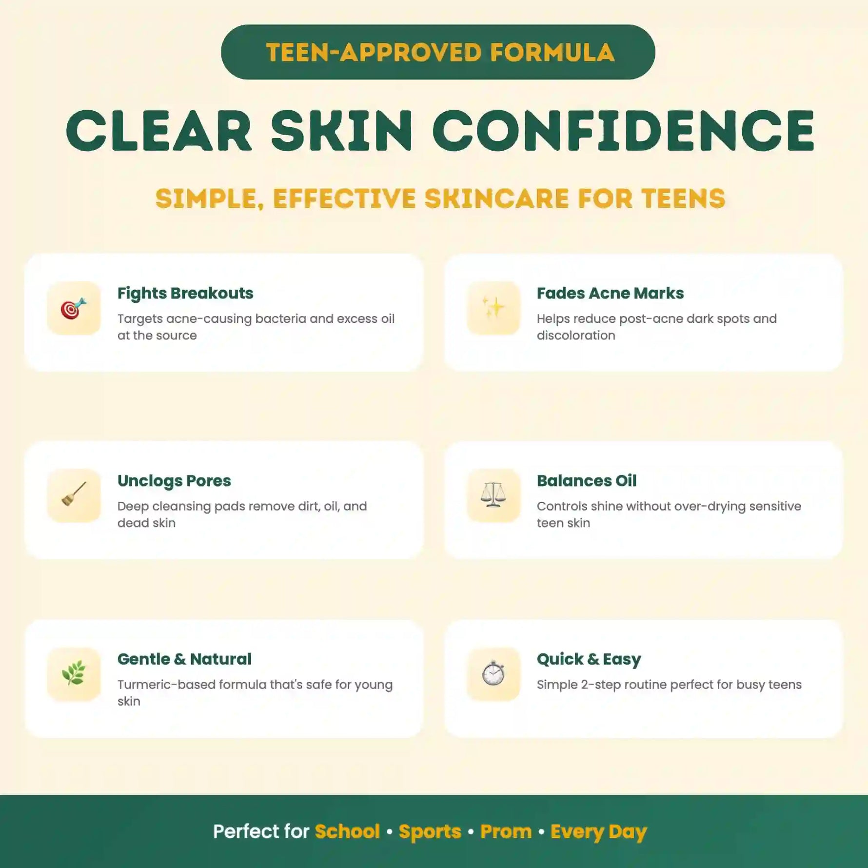 Promotional graphic for 'Clear Skin Confidence' skincare for teens with features and benefits listed.