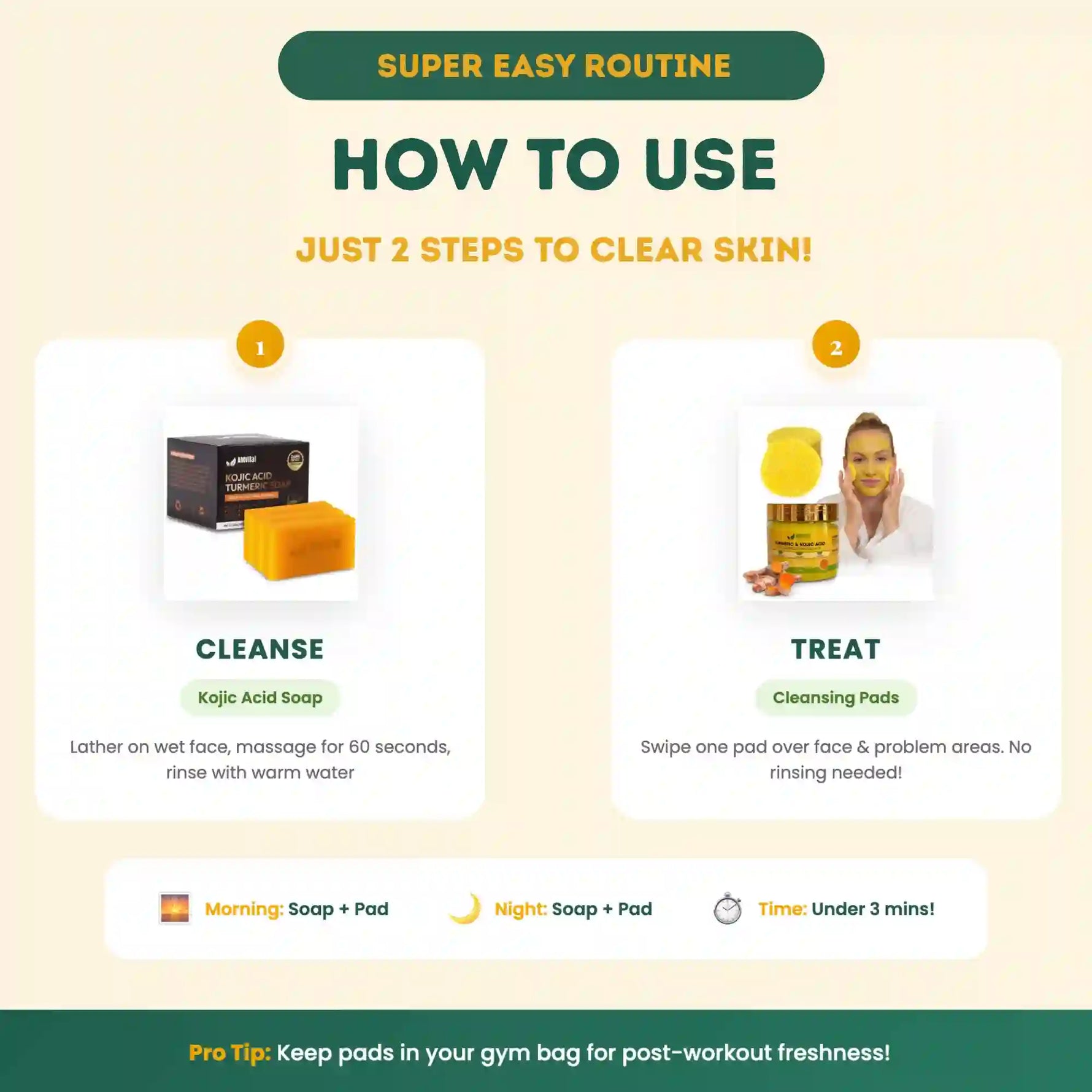 Instructions on how to use a skincare routine with soap and cleansing pads.