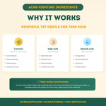 Acne-fighting ingredients infographic with benefits for teen skin on a beige background