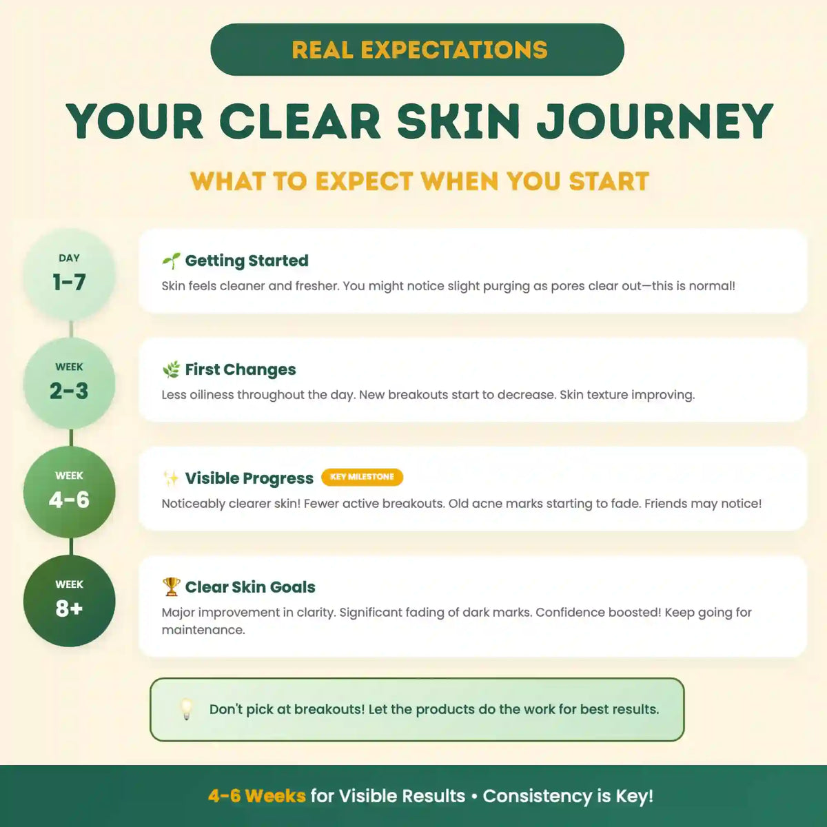 Clear skin journey infographic with stages of improvement and expectations.