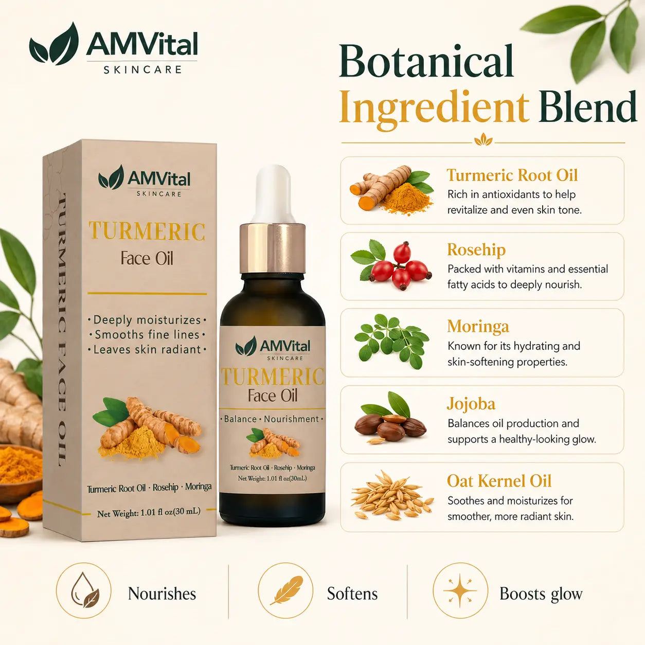 AMVital Turmeric Face Oil with golden oil dropper showing texture