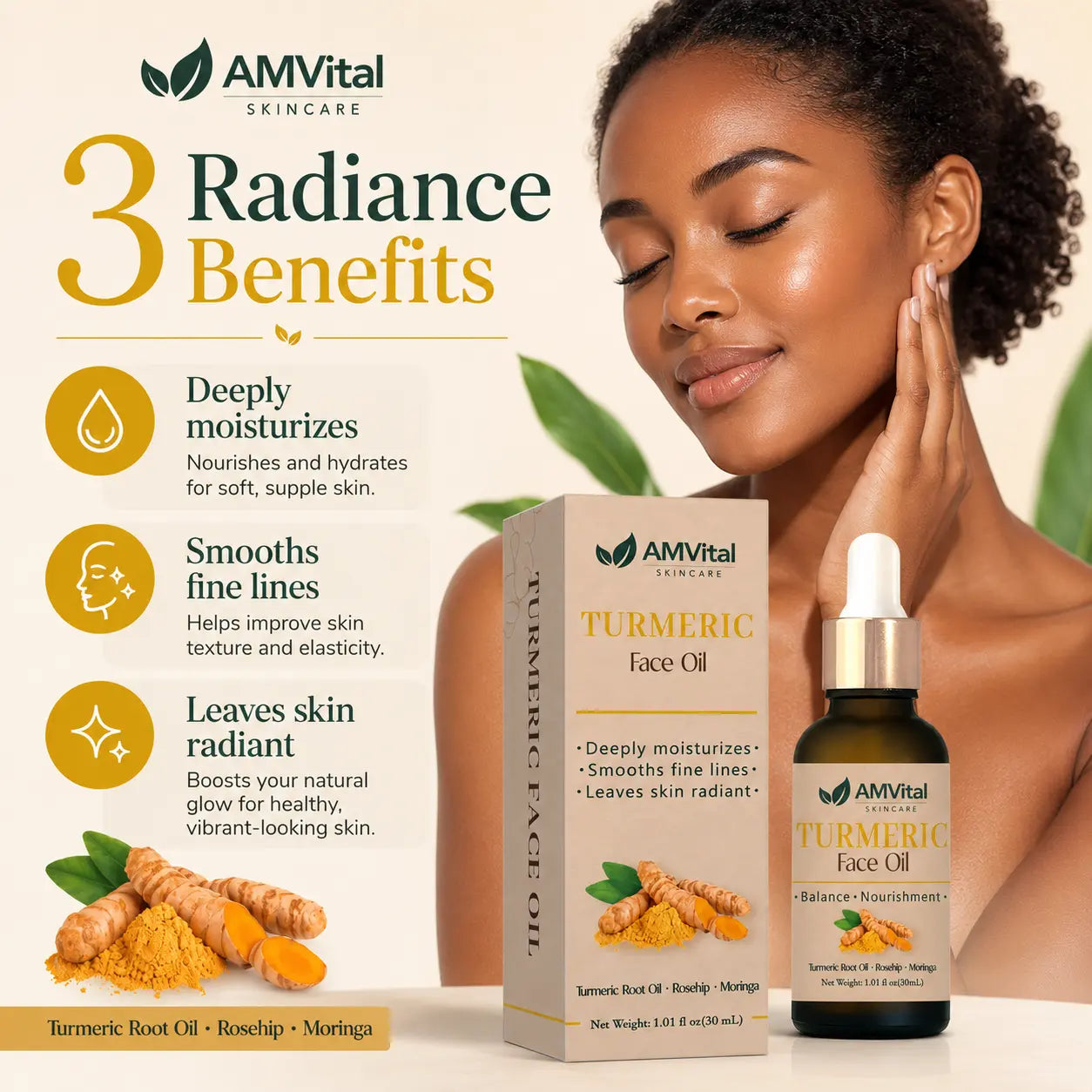 AMVital Turmeric Face Oil applied to skin — fast-absorbing for melanin-rich skin