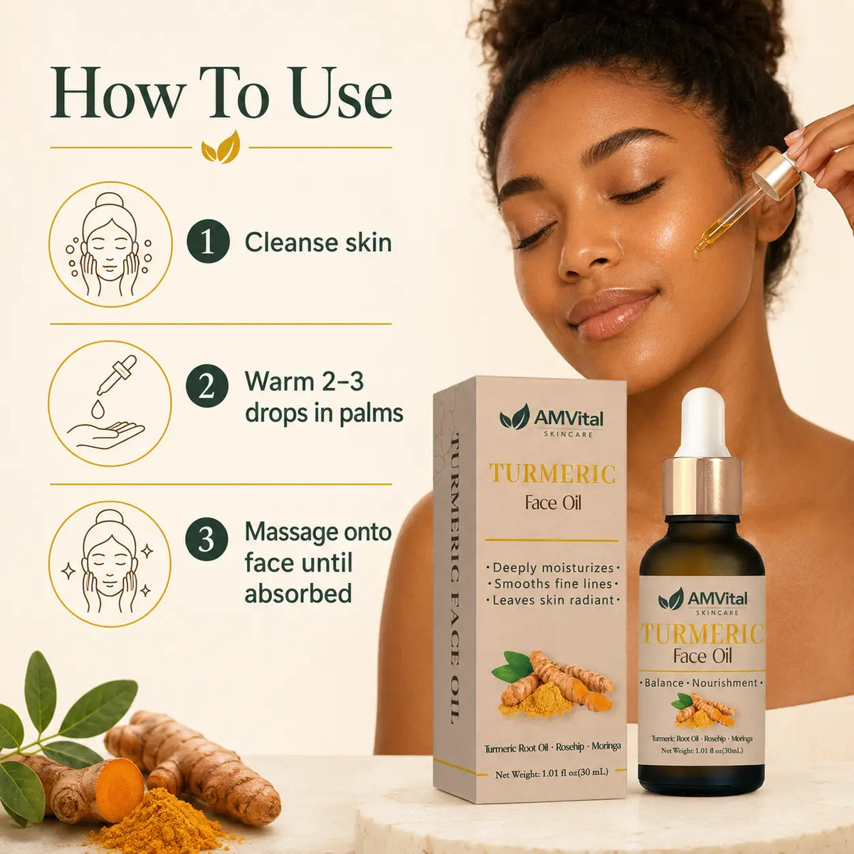 AMVital Turmeric Face Oil before and after for fading dark spots