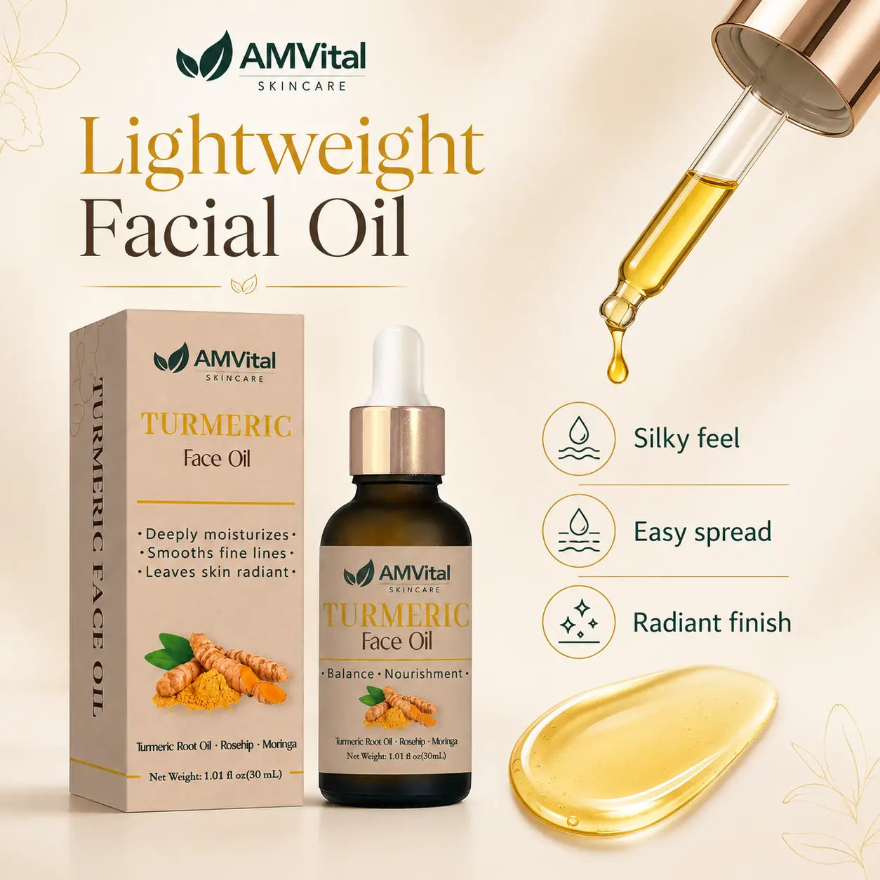 AMVital Turmeric Face Oil ingredients — turmeric, vitamin E, and botanical oils