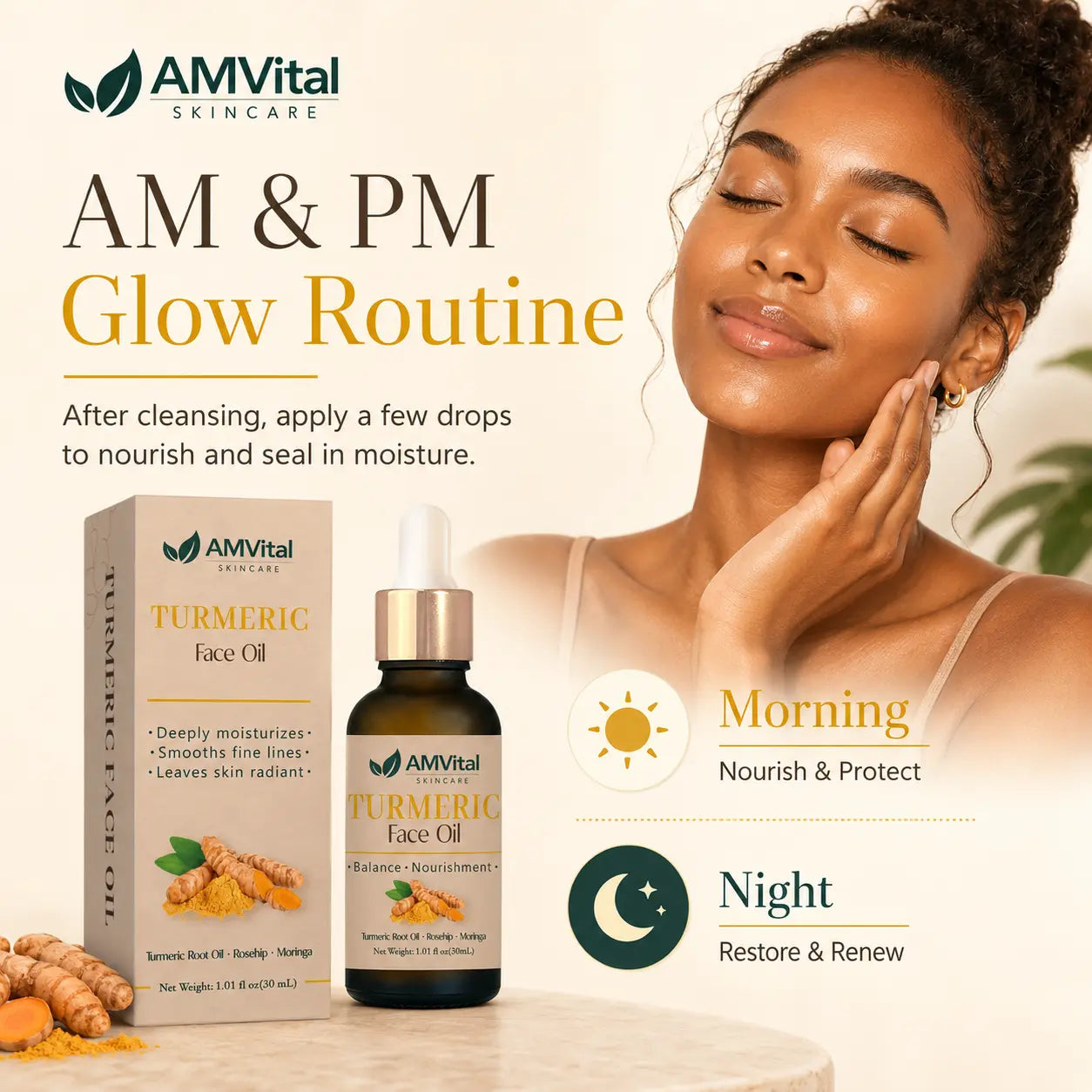 How to use AMVital Turmeric Face Oil — apply 2 to 3 drops nightly