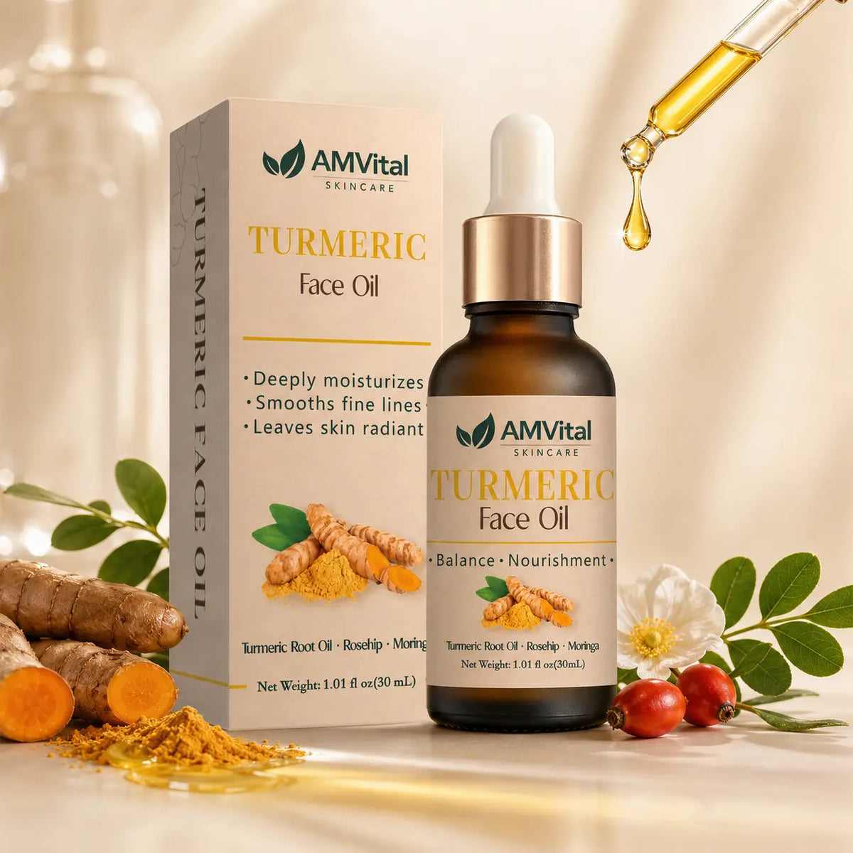 AMVital Turmeric Face Oil bottle — brightening oil for dark spots, scars, and dullness