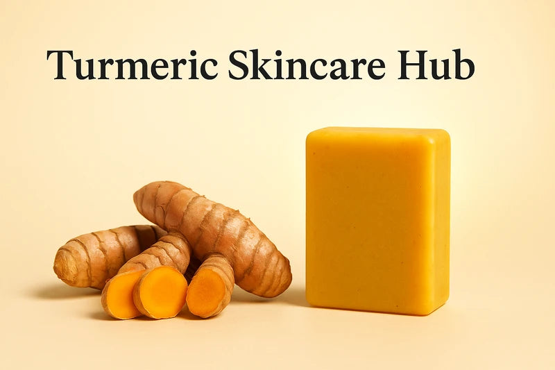 Turmeric roots and AMVital turmeric soap bar with golden glow on beige background for Turmeric Skincare Hub hero banner