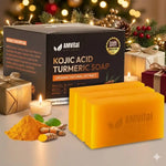 Amvital Kojic Acid Turmeric Soap packaging with soap bars and turmeric ingredients on a festive background.