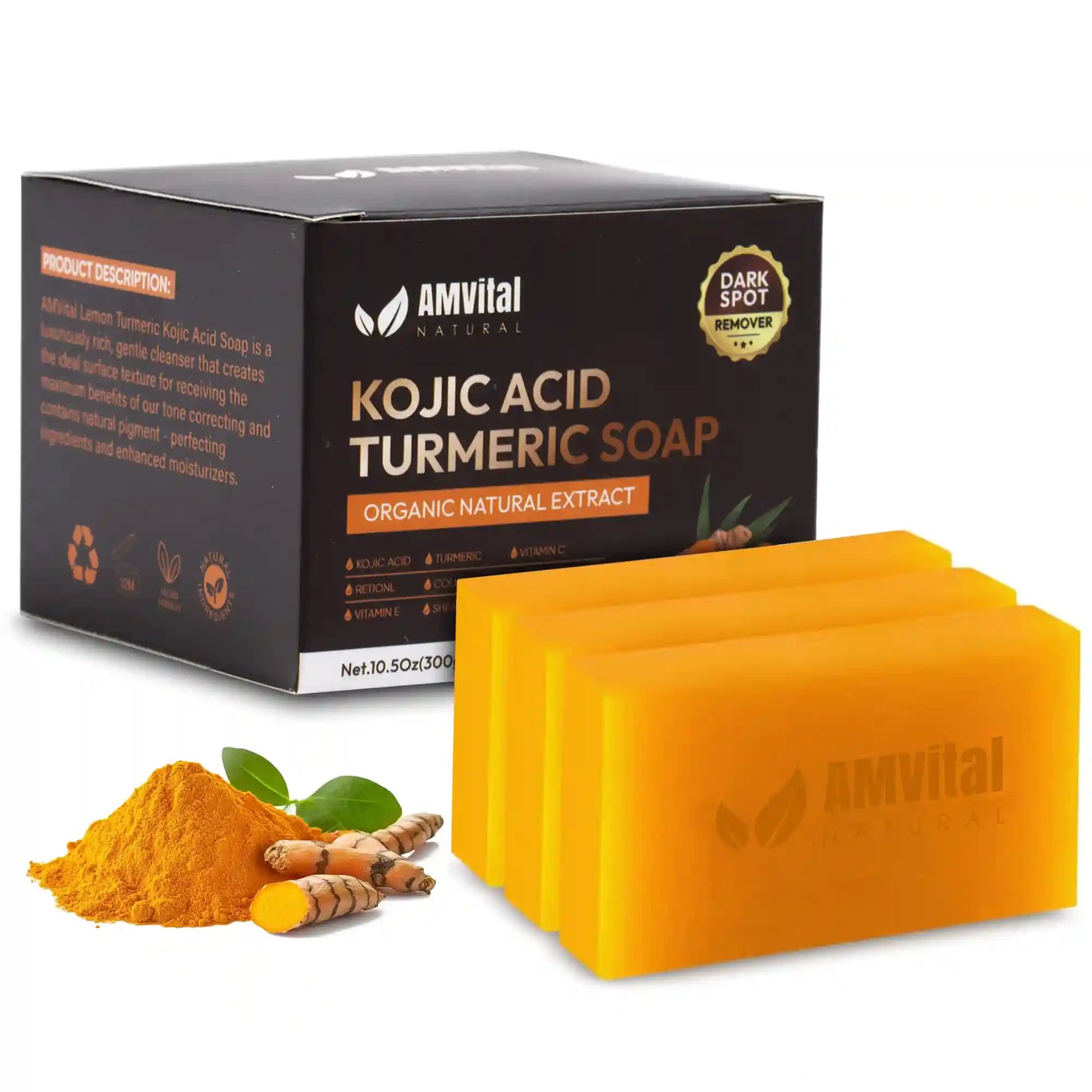 Amvital Kojic Acid Turmeric Soap packaging with soap bars and turmeric ingredients on a white background