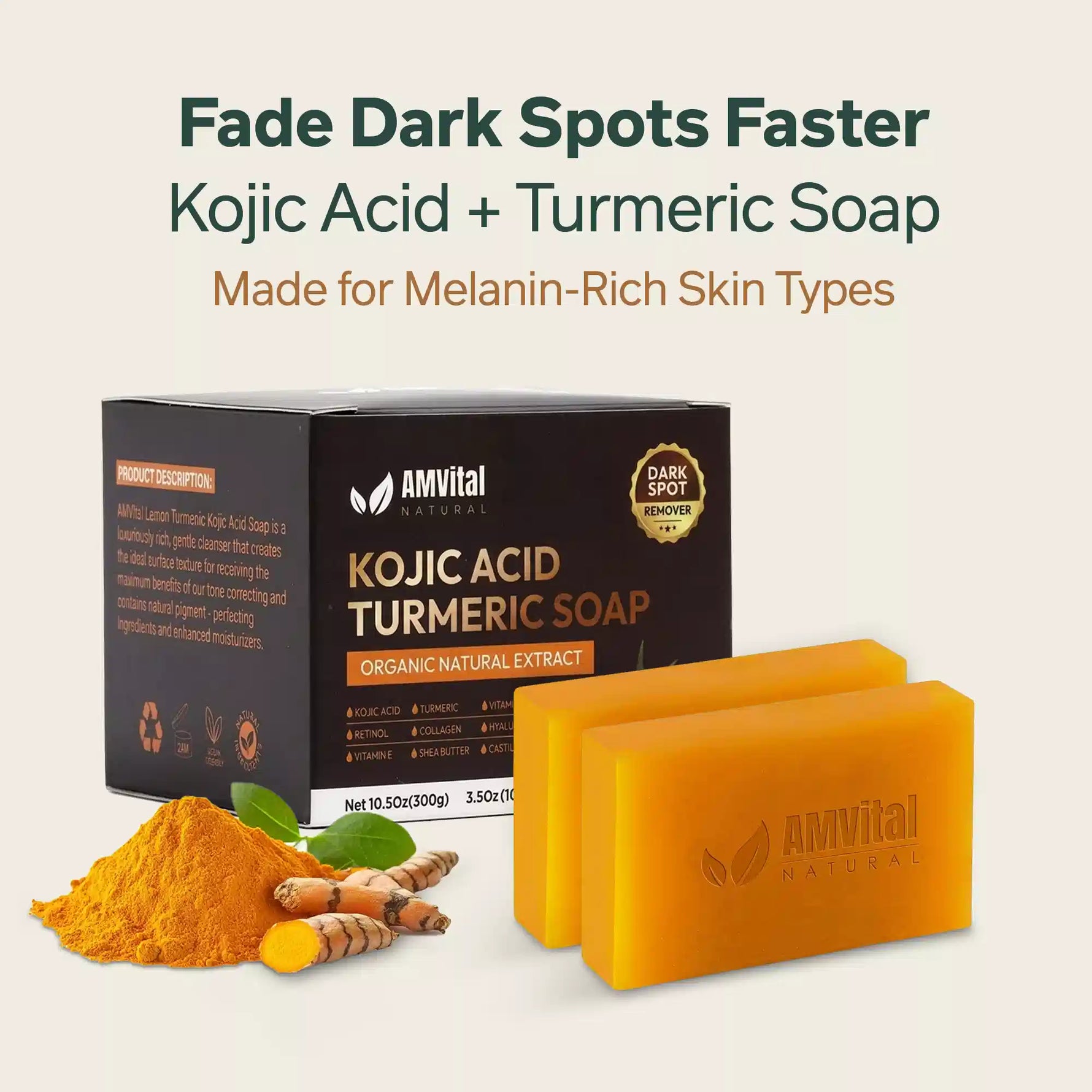 AMVital Kojic Acid Turmeric Soap with packaging and turmeric powder on a light background