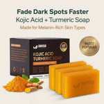 AMVital Kojic Acid + Turmeric Soap packaging with soap bars and turmeric powder on a beige background