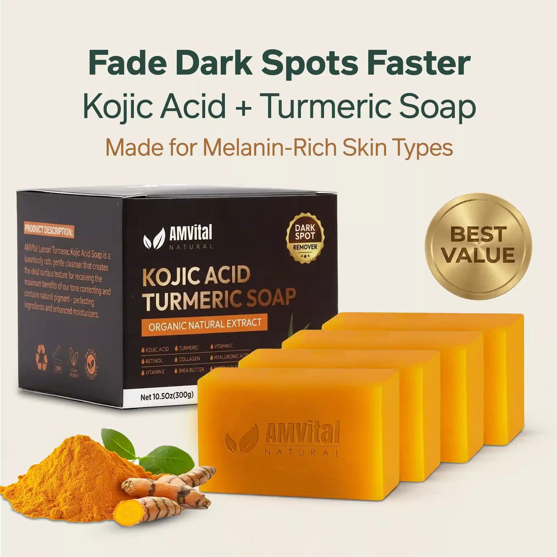 Kojic Acid + Turmeric Soap packaging with soap bars and turmeric powder on a light background