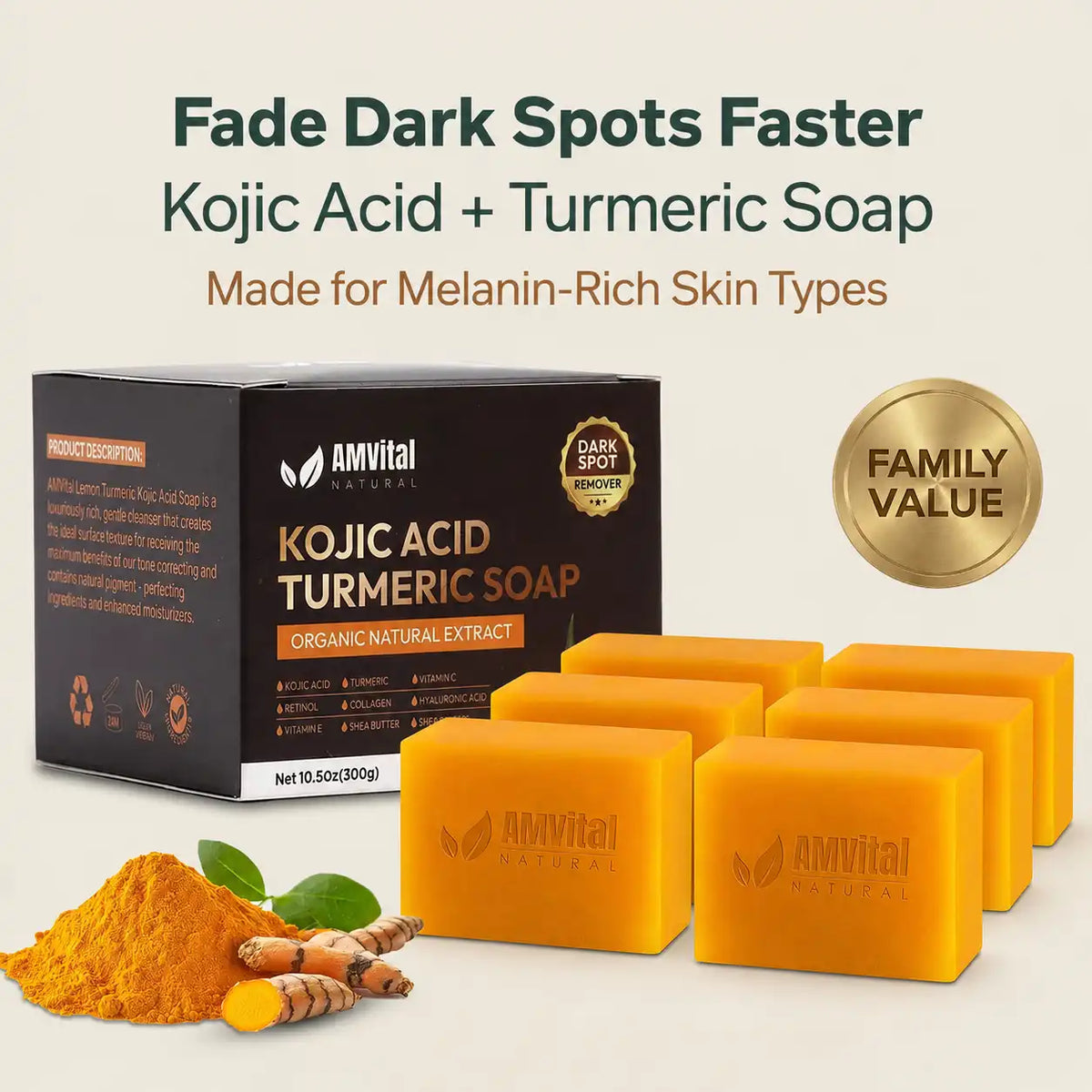 AMVital Natural Kojic Acid Turmeric Soap shown with its black retail box, several orange-yellow soap bars, a small pile of orange turmeric powder, and turmeric roots on a light beige background. Large marketing text at the top reads 'Fade Dark Spots Faster' and 'Kojic Acid + Turmeric Soap' with 'Made for Melanin-Rich Skin Types.