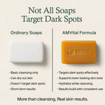 Comparison of ordinary soap and AMVital Formula soap with text highlighting benefits.