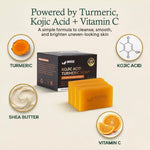 AMvital Kojic Acid Turmeric Soap packaging with ingredients displayed on a beige background