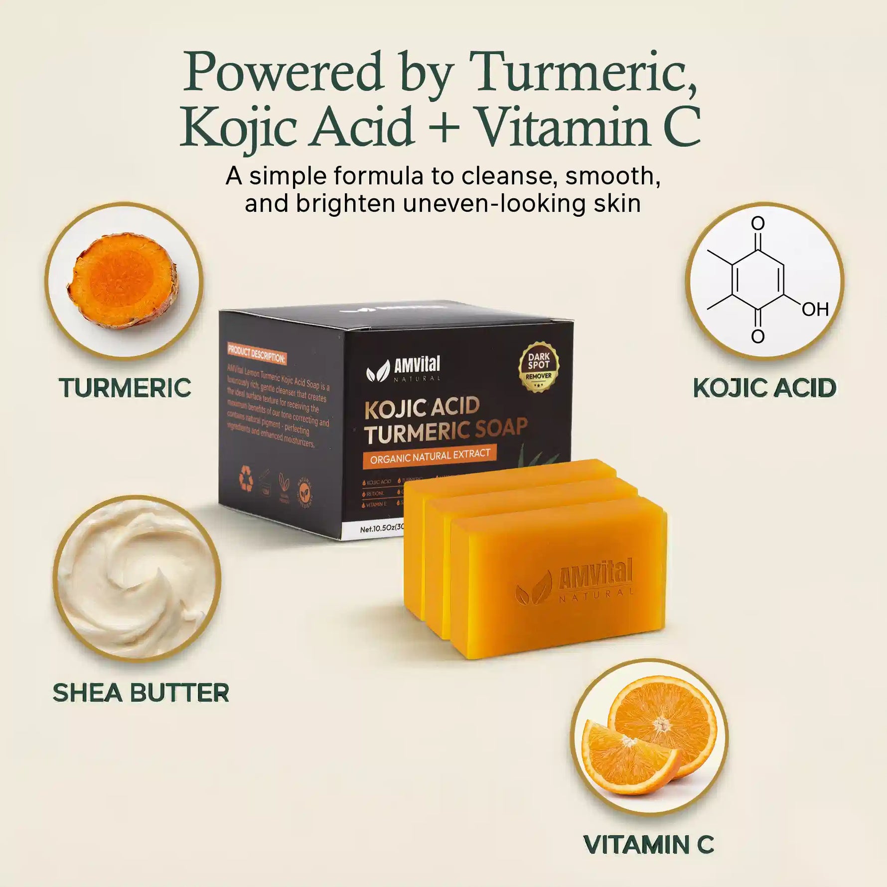 AMvital Kojic Acid Turmeric Soap packaging with ingredients displayed on a beige background