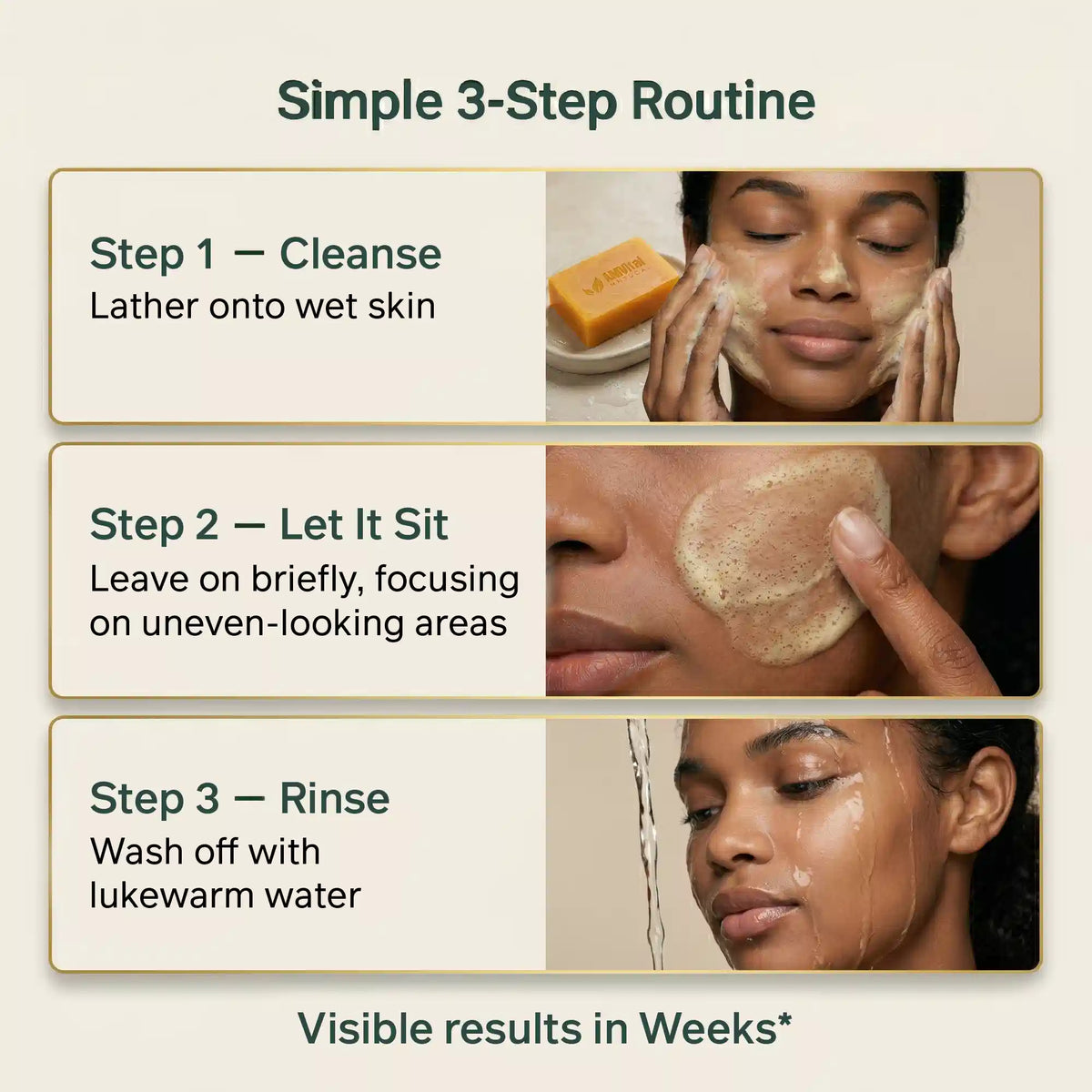 Step-by-step skincare routine with images of a woman applying and rinsing off a product.
