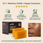 AMVital Kojic Acid Turmeric Soap packaging with customer ratings and skin benefits on a beige background.