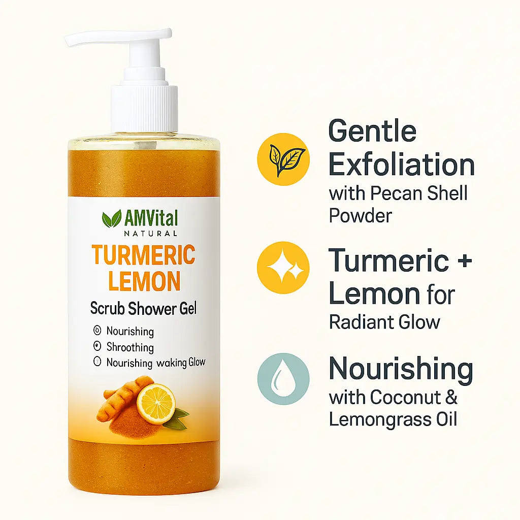 AMVital Turmeric Lemon Scrub Shower Gel bottle with product features on a white background