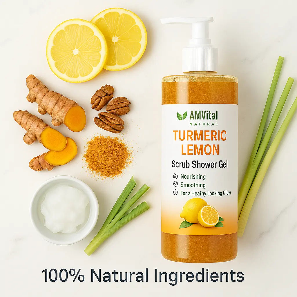 AMVital Turmeric Lemon Scrub Shower Gel with natural ingredients on a white background