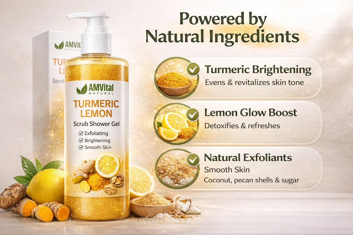 AMVital Turmeric Lemon Scrub Shower Gel — before and after for body skin