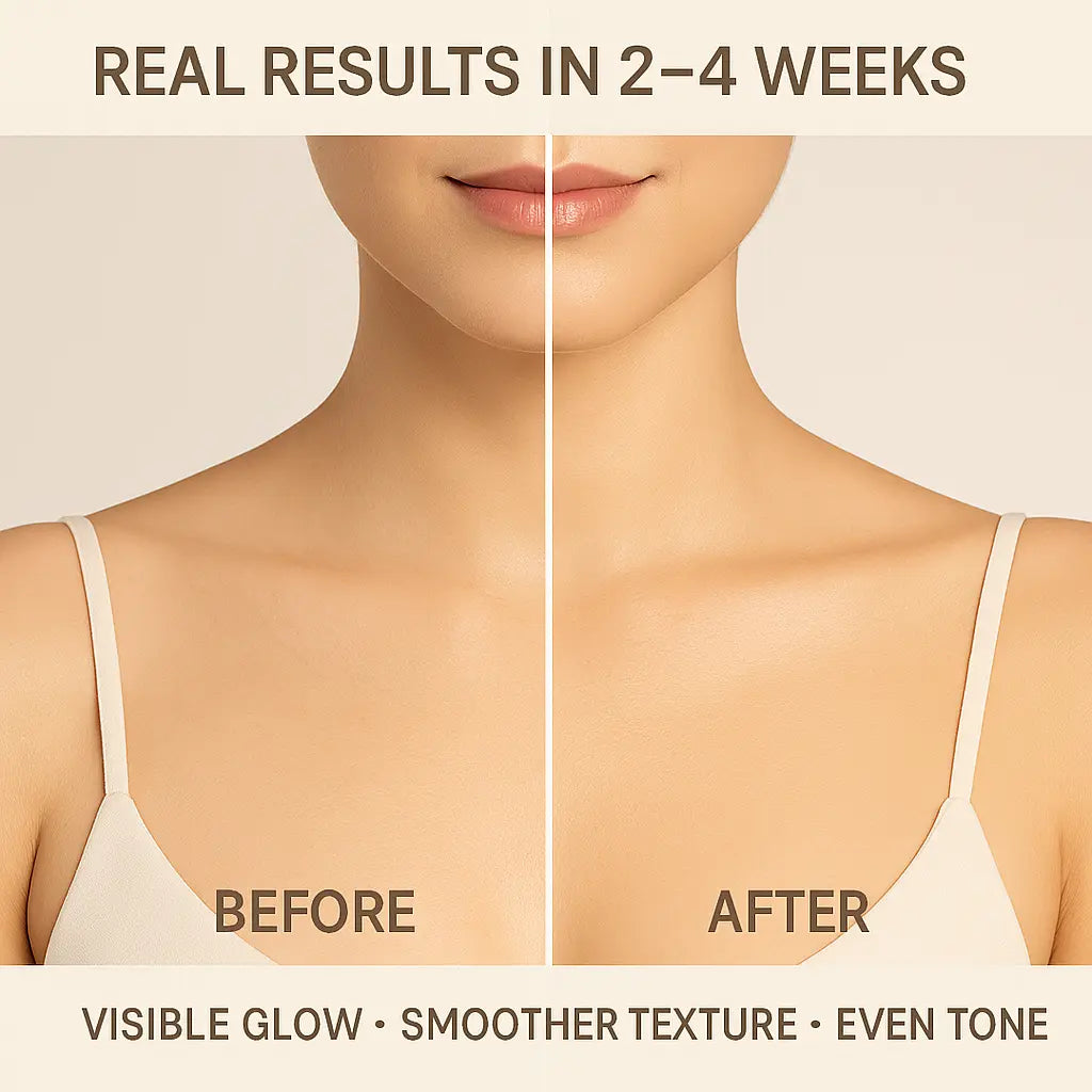 Before and after comparison of skin texture with visible glow, smoother texture, and even tone on a beige background.