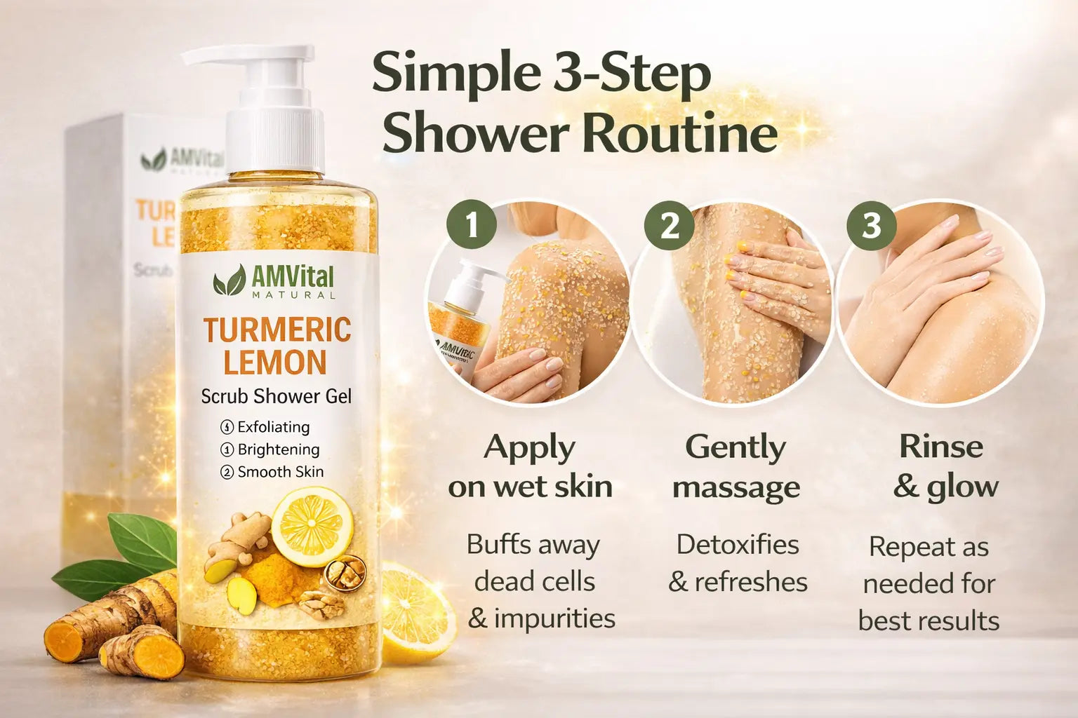 AMVital Turmeric Lemon Scrub Shower Gel — how to use in shower